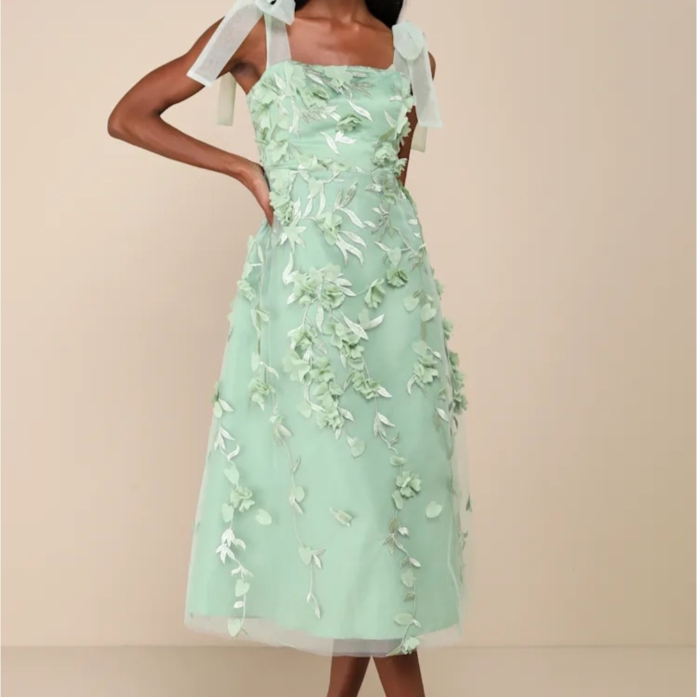 Lulu's Mint Green Embellished Midi Dress with Bow Straps